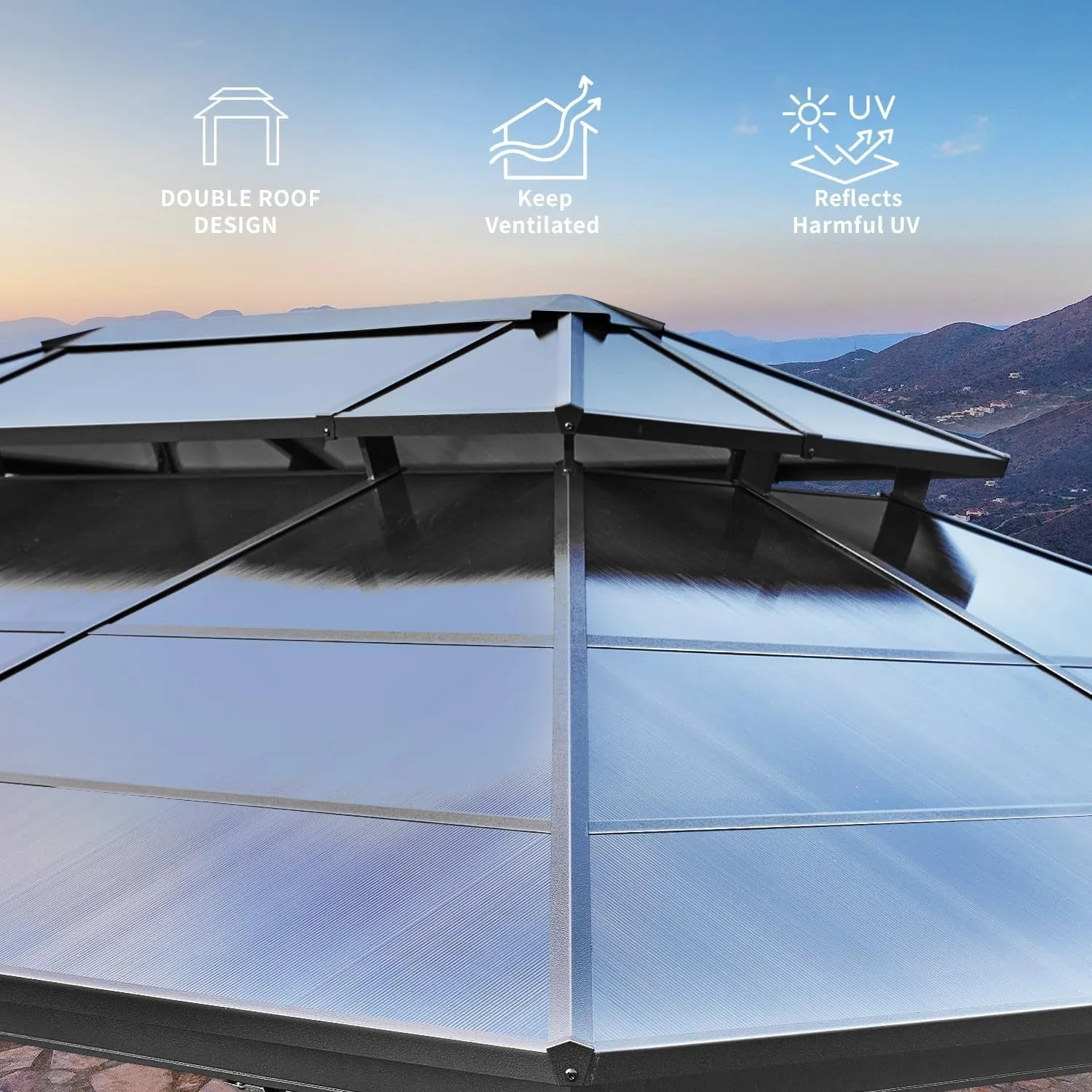 10'X13' Hardtop Gazebo, Outdoor Polycarbonate Double Roof Canopy, Aluminum Frame Permanent Pavilion with Curtains and Netting, Sunshade for Garden, Lawns, Patio