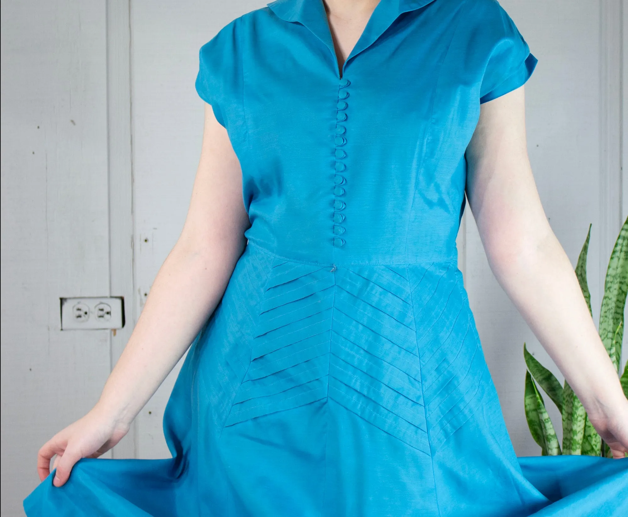 50s Teal Pleated Dress              M