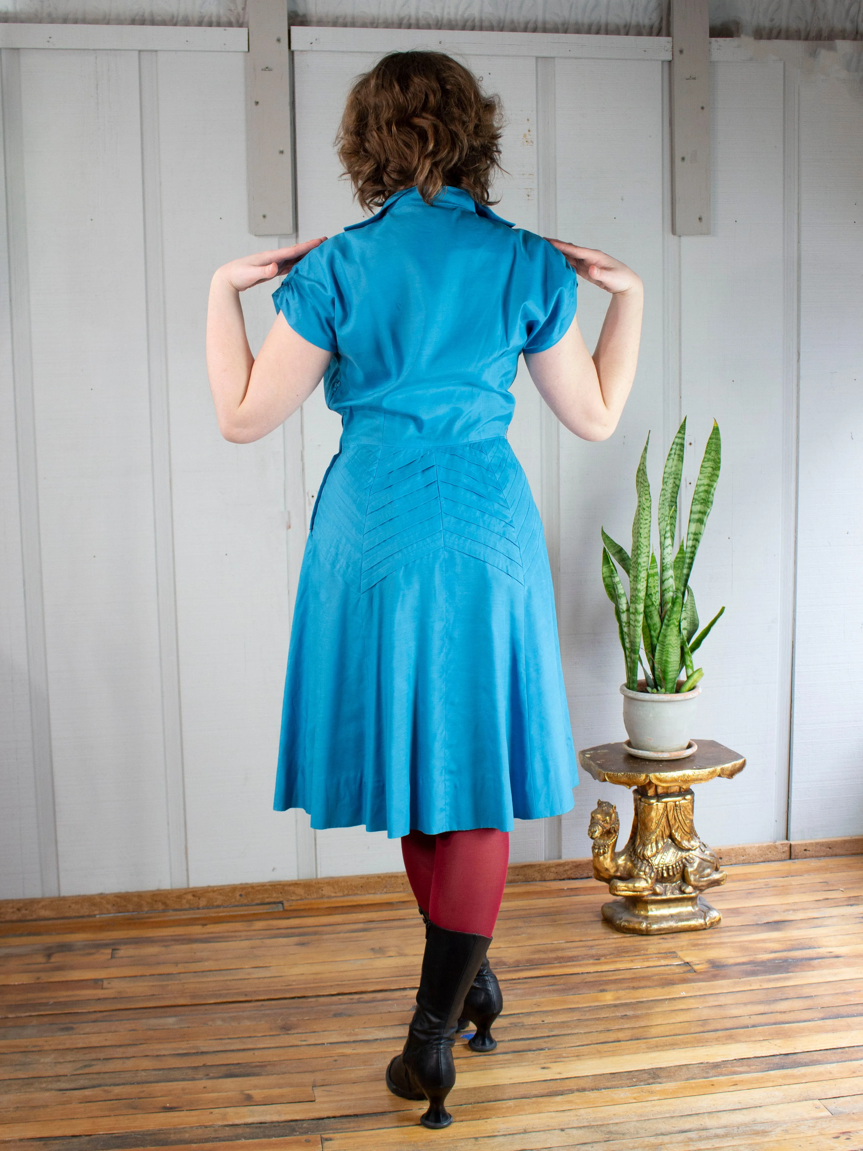 50s Teal Pleated Dress              M