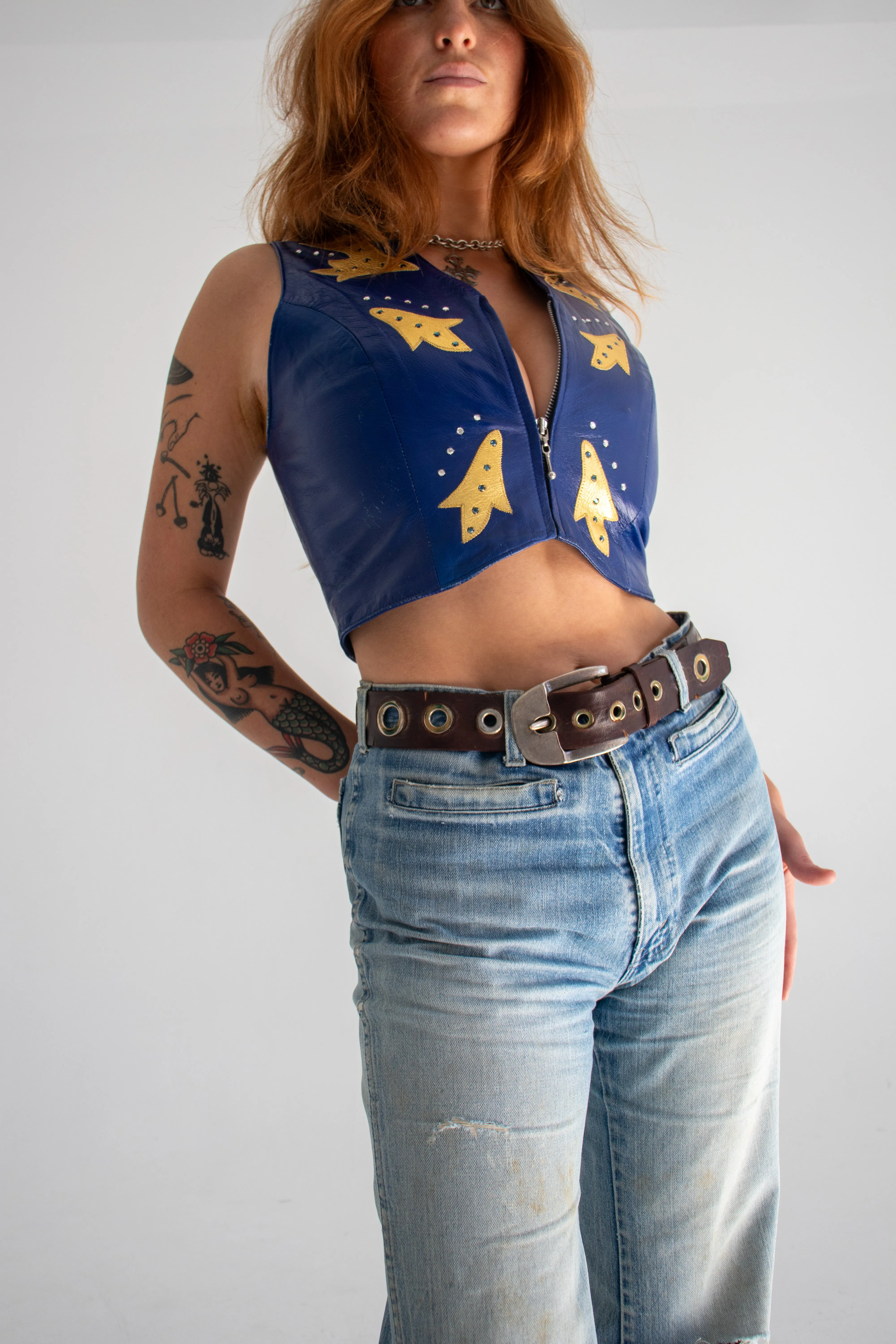 90s Blue Cropped Leather Vest