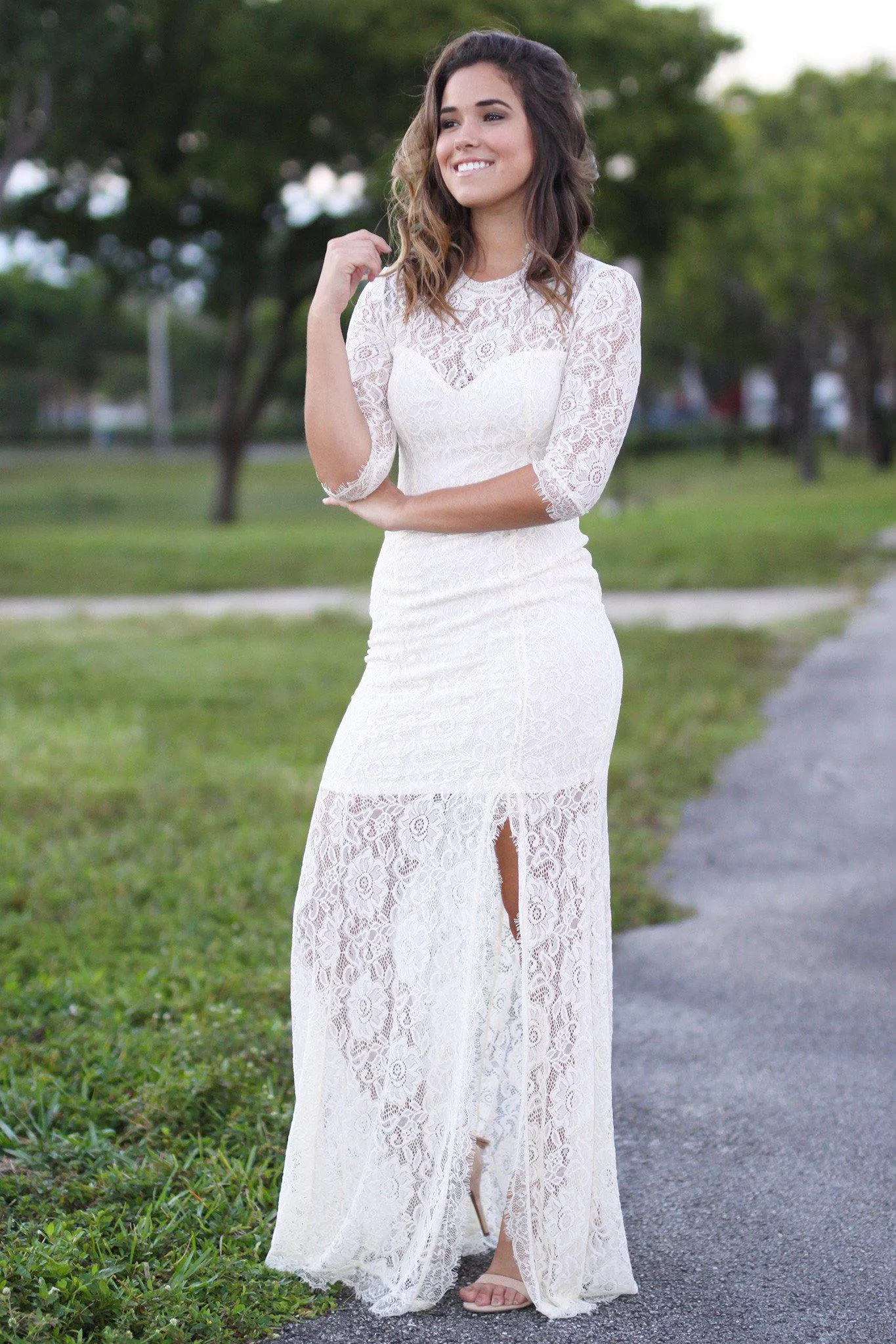 Beige Lace Maxi Dress with 3/4 Sleeves