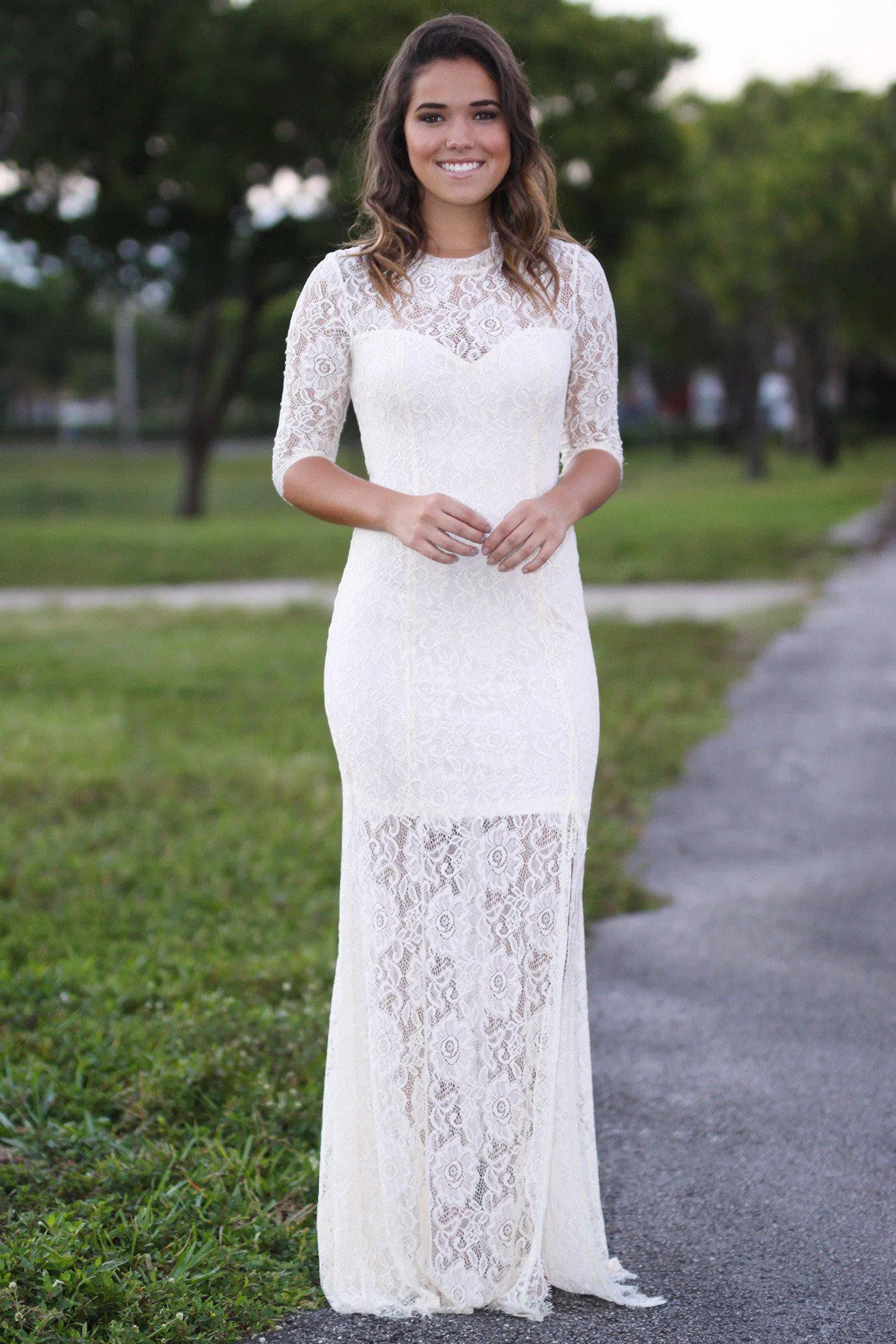 Beige Lace Maxi Dress with 3/4 Sleeves