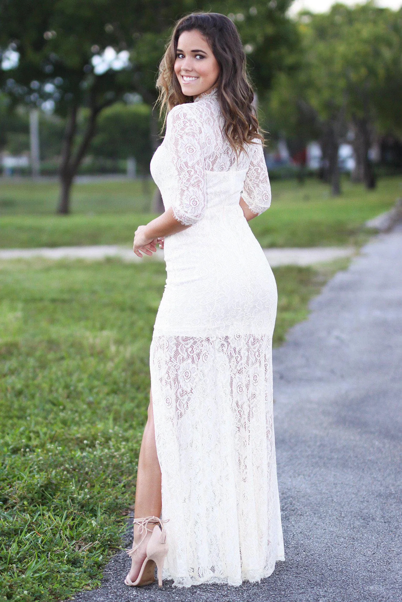 Beige Lace Maxi Dress with 3/4 Sleeves