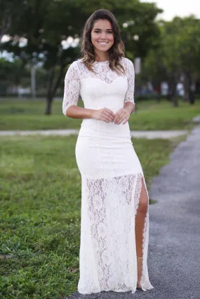 Beige Lace Maxi Dress with 3/4 Sleeves