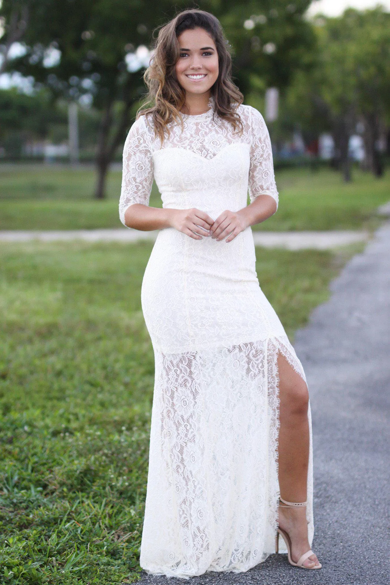 Beige Lace Maxi Dress with 3/4 Sleeves