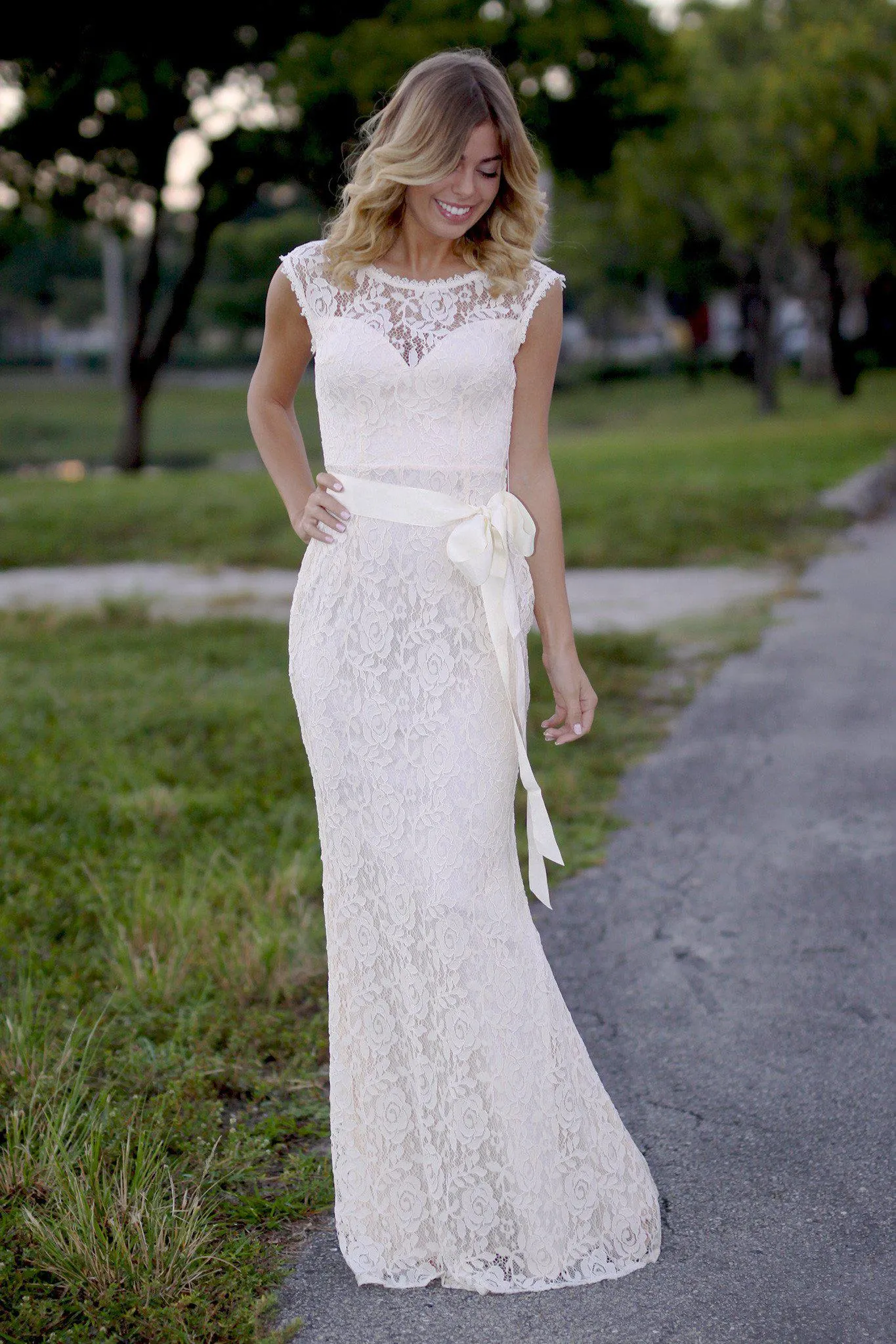 Beige Lace Maxi Dress with Bow