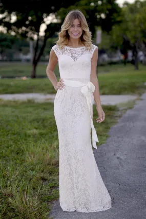 Beige Lace Maxi Dress with Bow