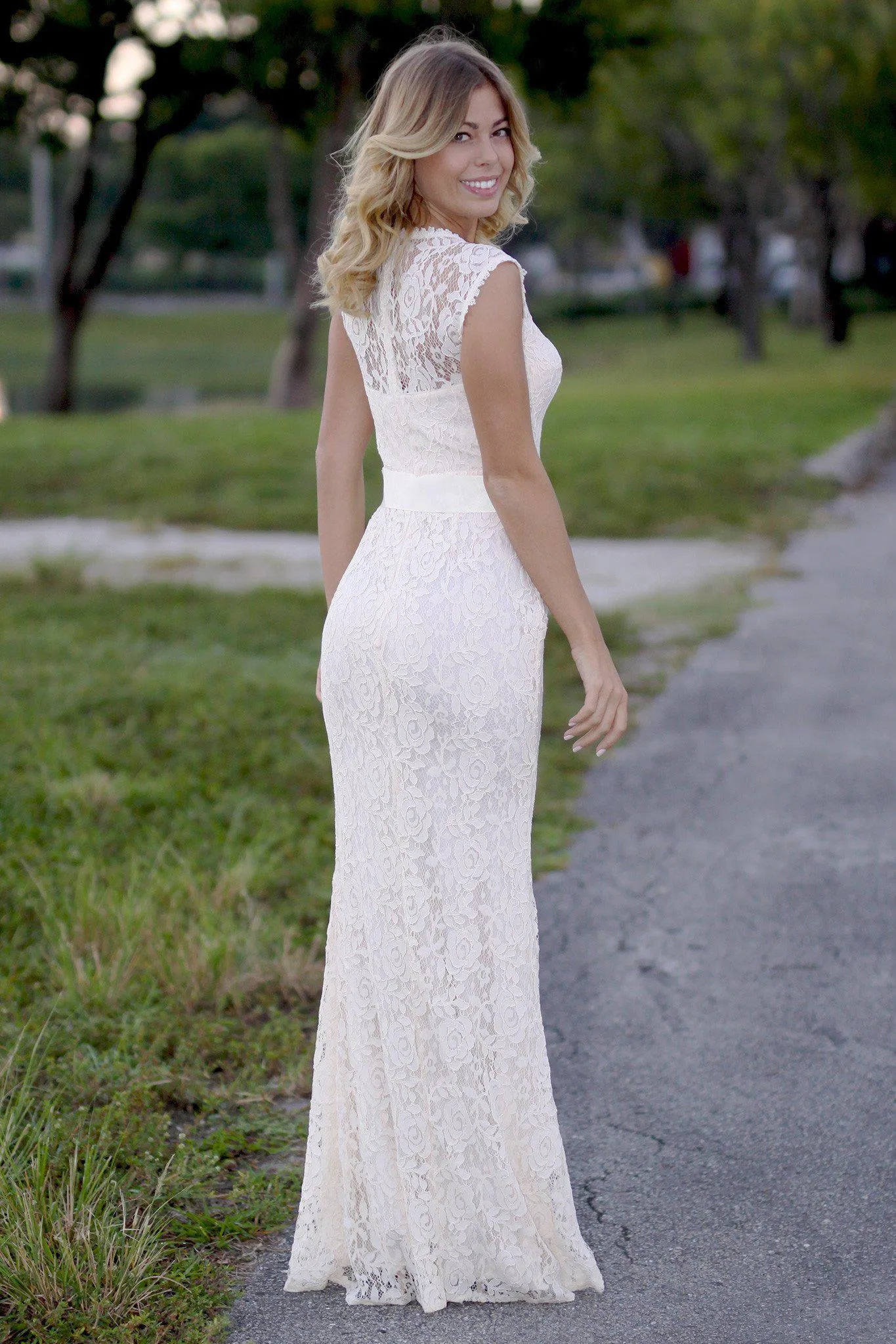 Beige Lace Maxi Dress with Bow