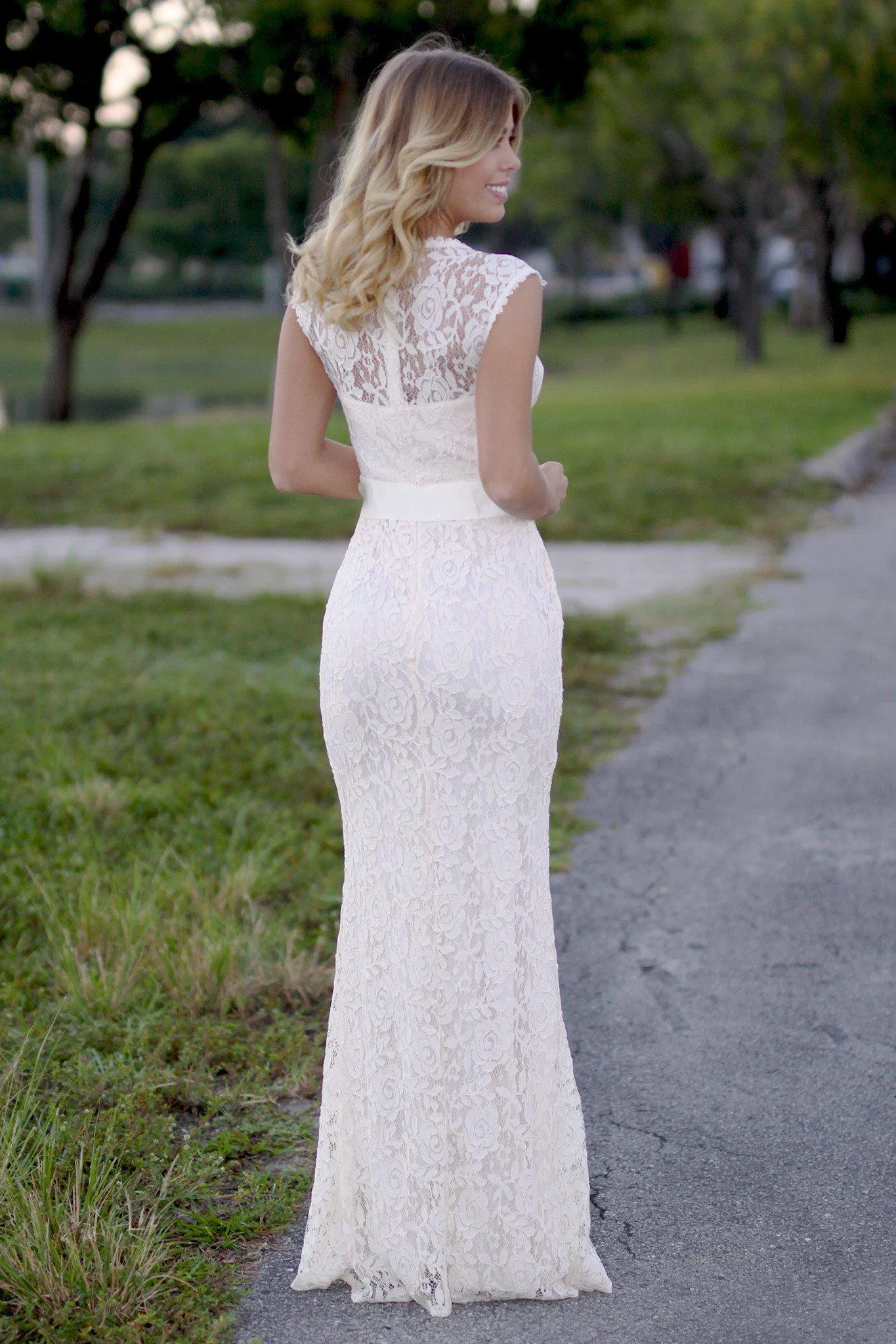 Beige Lace Maxi Dress with Bow