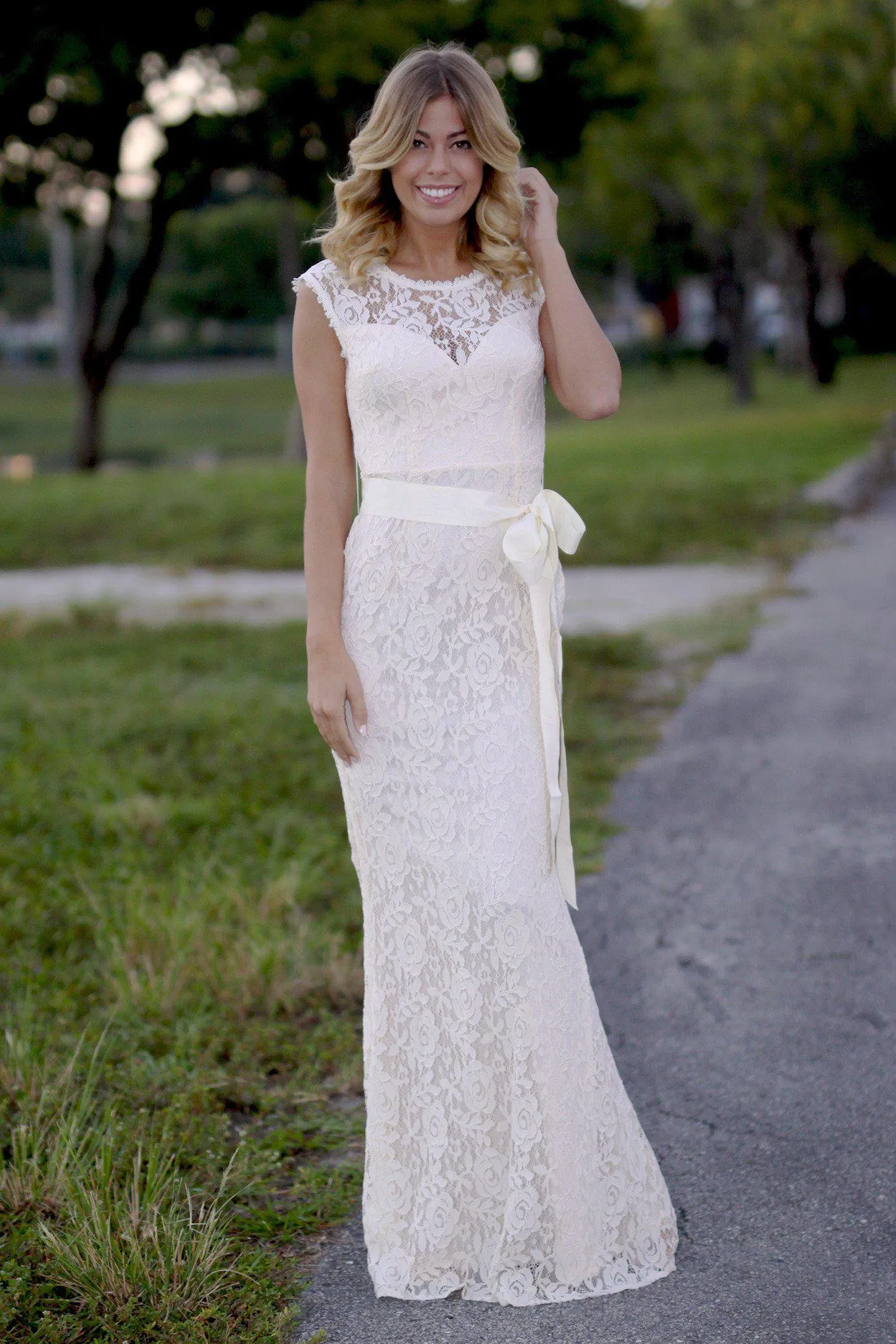 Beige Lace Maxi Dress with Bow