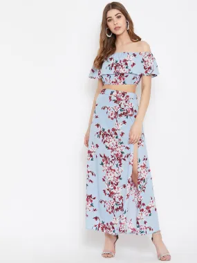 Berrylush Women Blue Floral Printed Off-Shoulder Thigh-High Slit Co-Ordinate Maxi Dress