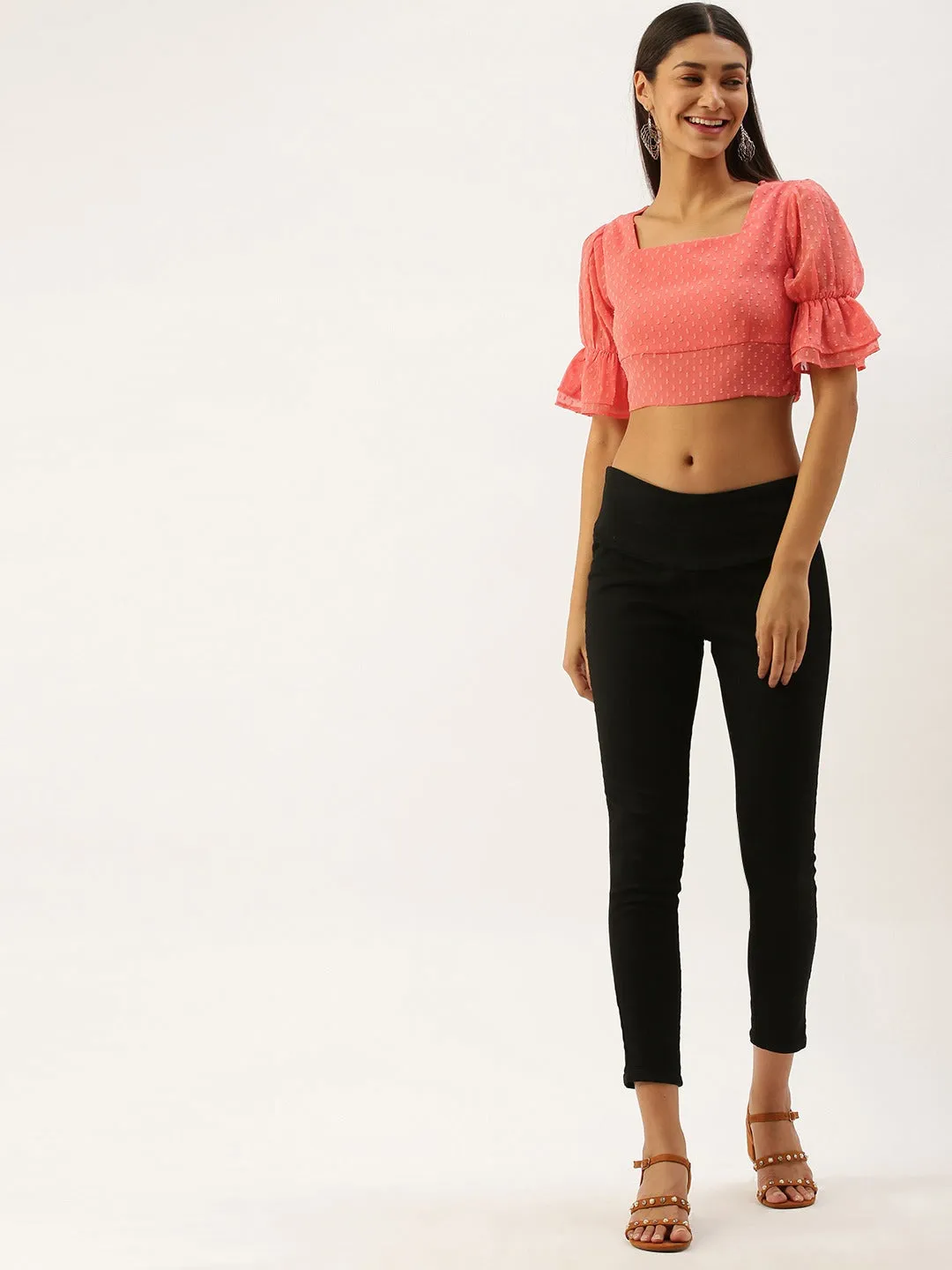 Berrylush Women Solid Pink Dotted Square Neck Crop Top