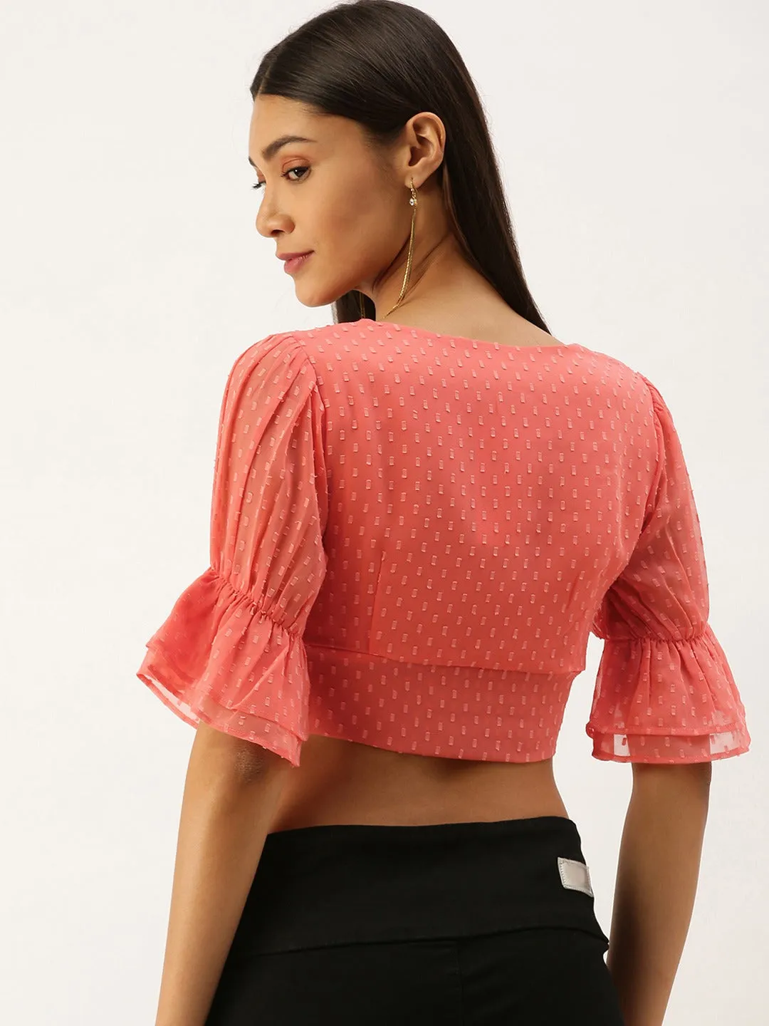 Berrylush Women Solid Pink Dotted Square Neck Crop Top