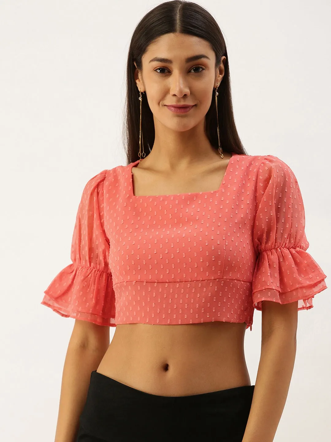 Berrylush Women Solid Pink Dotted Square Neck Crop Top