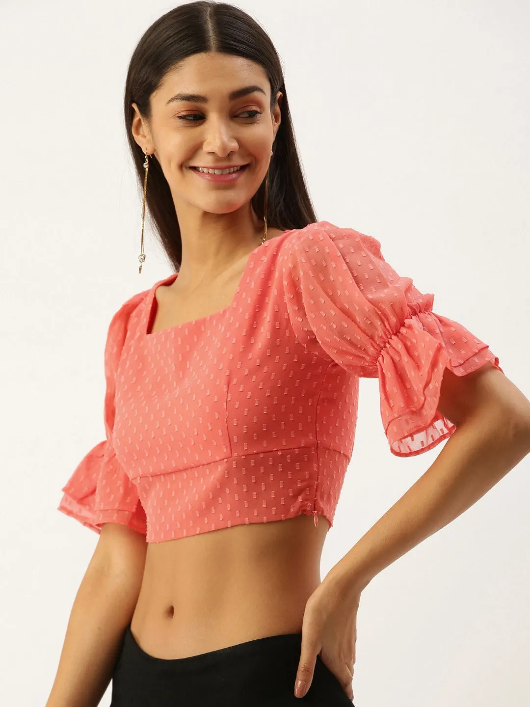 Berrylush Women Solid Pink Dotted Square Neck Crop Top