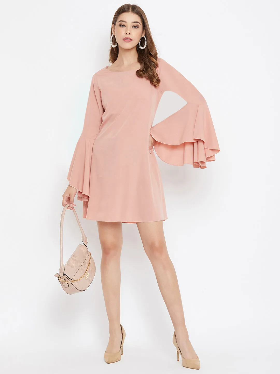 Berrylush Women Solid Pink Round-Neck Flared Sleeves A-Line Mini Dress