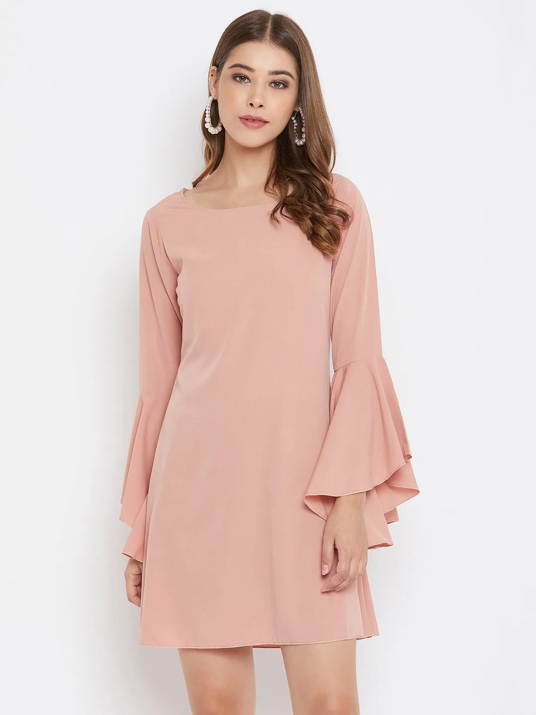 Berrylush Women Solid Pink Round-Neck Flared Sleeves A-Line Mini Dress