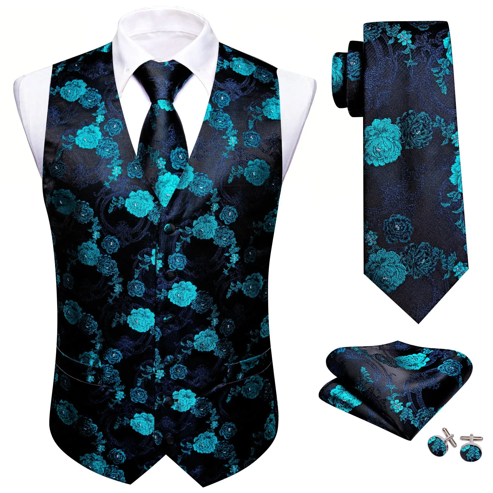 Black Blue Floral Jacquard Silk Men's Vest Hanky Cufflinks Tie Set