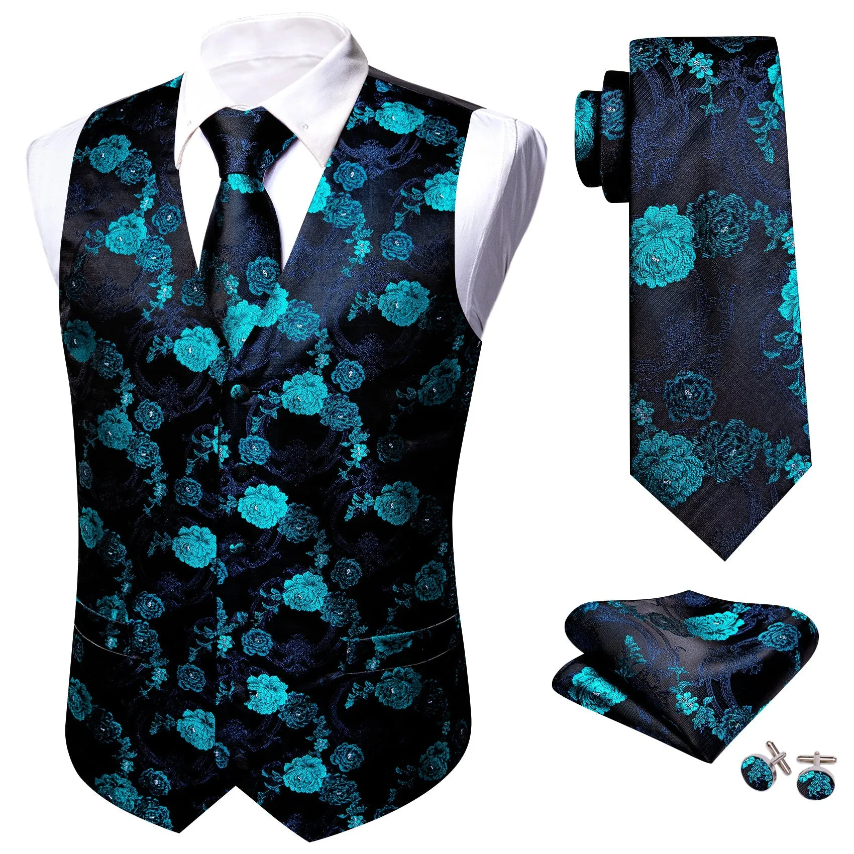 Black Blue Floral Jacquard Silk Men's Vest Hanky Cufflinks Tie Set