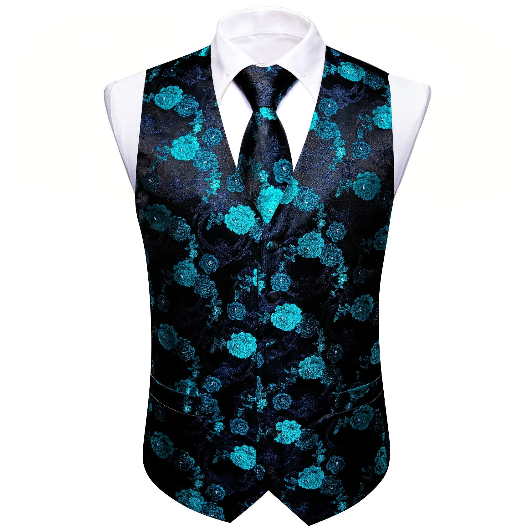 Black Blue Floral Jacquard Silk Men's Vest Hanky Cufflinks Tie Set