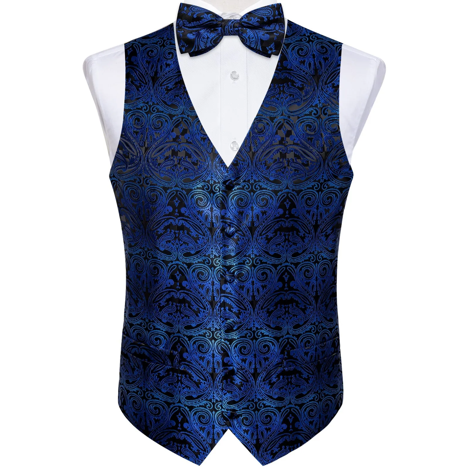 Black Blue Gradient Paisley Jacquard Silk Men Vest Necktie Bow Tie Handkerchief Cufflinks Set