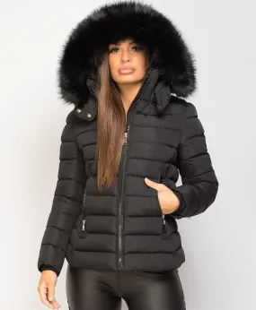 Black Contrast Panel Padded Quilted Fur Hood Puffer Jacket