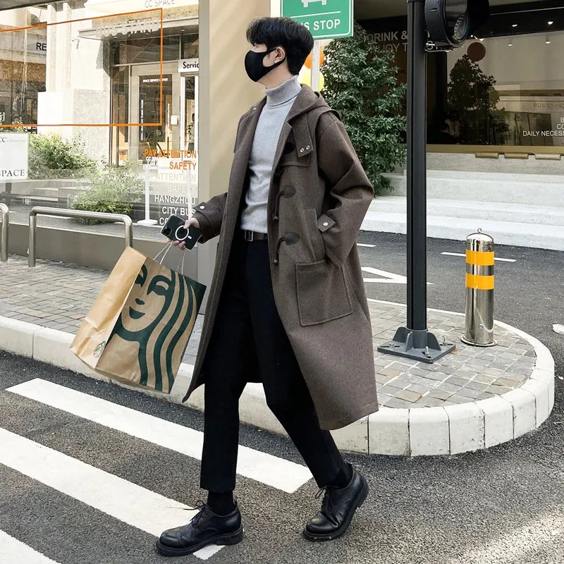 Bonsir Autumn Winter Men's Hooded Coat men Long  trench Coat with Lining Wool Blends Streetwear Knee Coats Casual Men's Outerwear Cloth