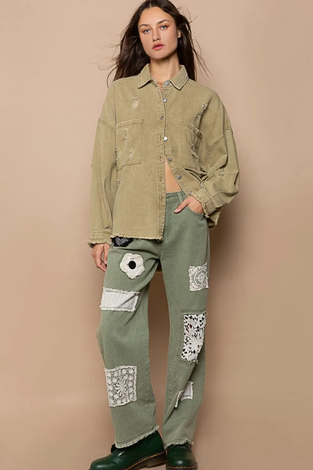 Button Down Raw Hem Distressed Shacket in Mocha Herb