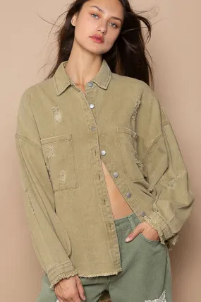 Button Down Raw Hem Distressed Shacket in Mocha Herb