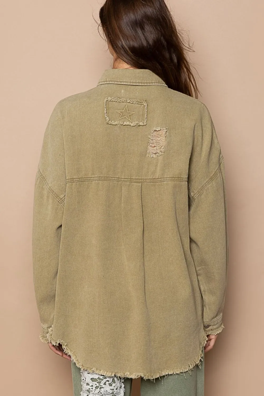 Button Down Raw Hem Distressed Shacket in Mocha Herb