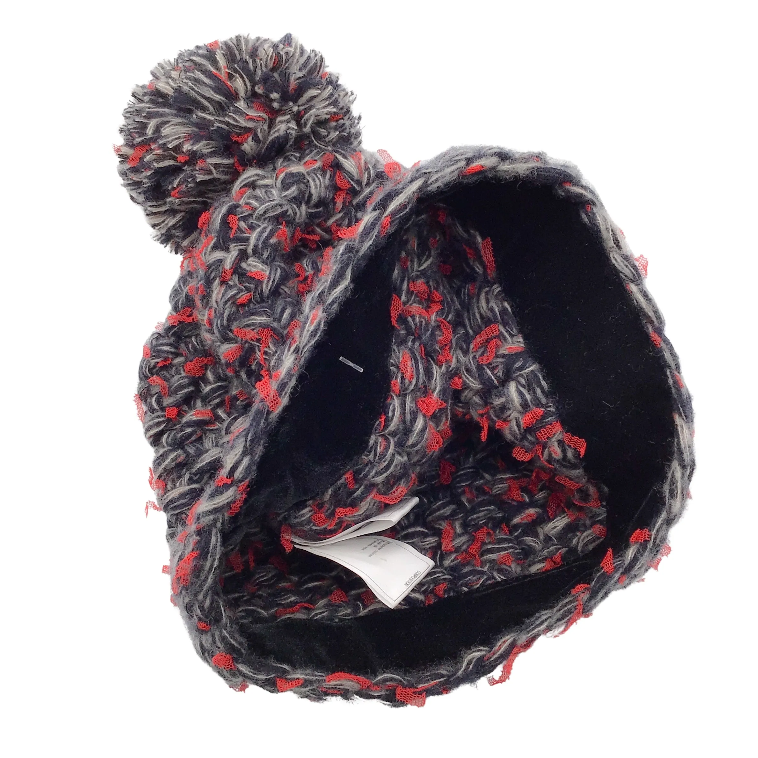 Chanel Red / Grey / Black Woven Cashmere and Silk Chunky Knit Pom Pom Beanie / Hat