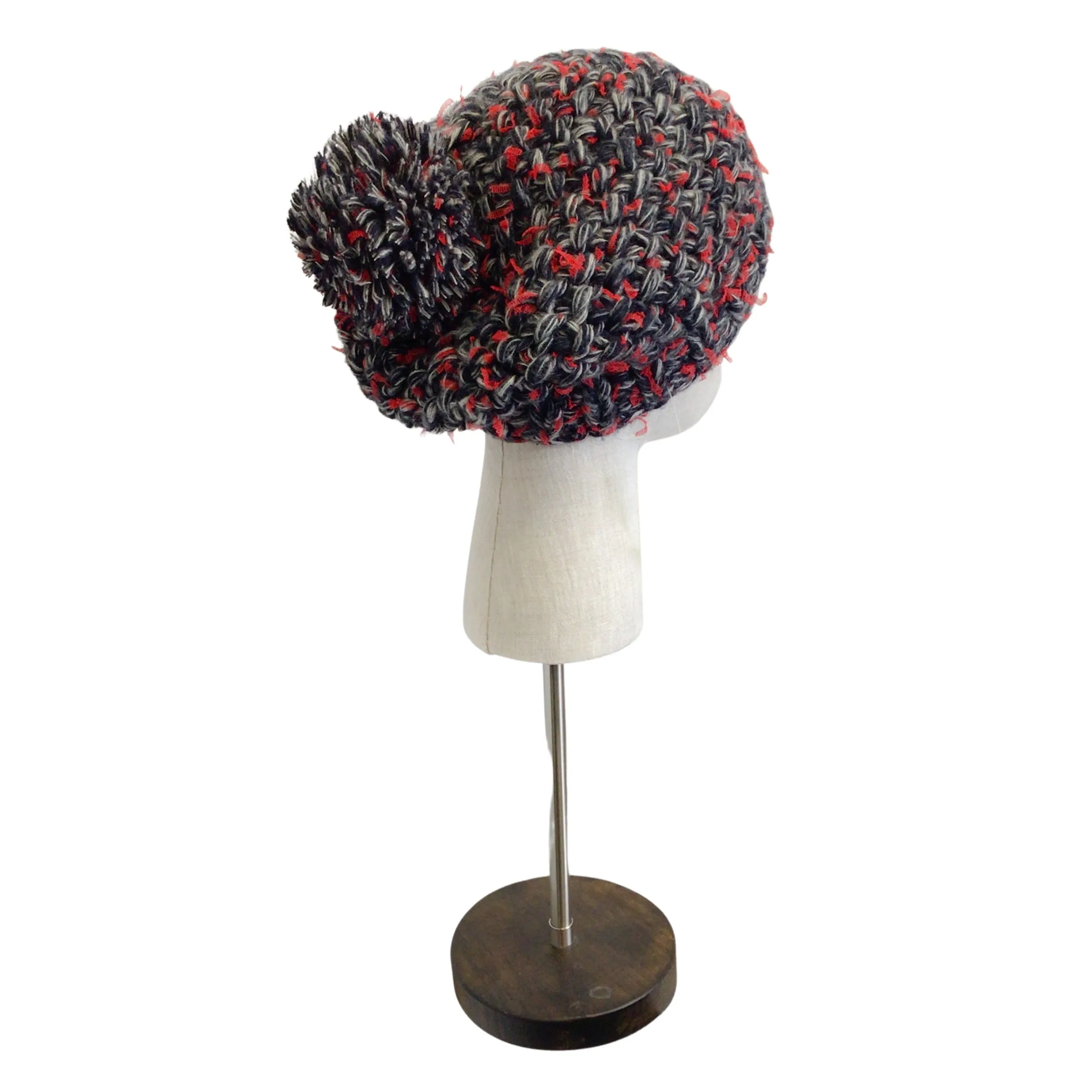 Chanel Red / Grey / Black Woven Cashmere and Silk Chunky Knit Pom Pom Beanie / Hat