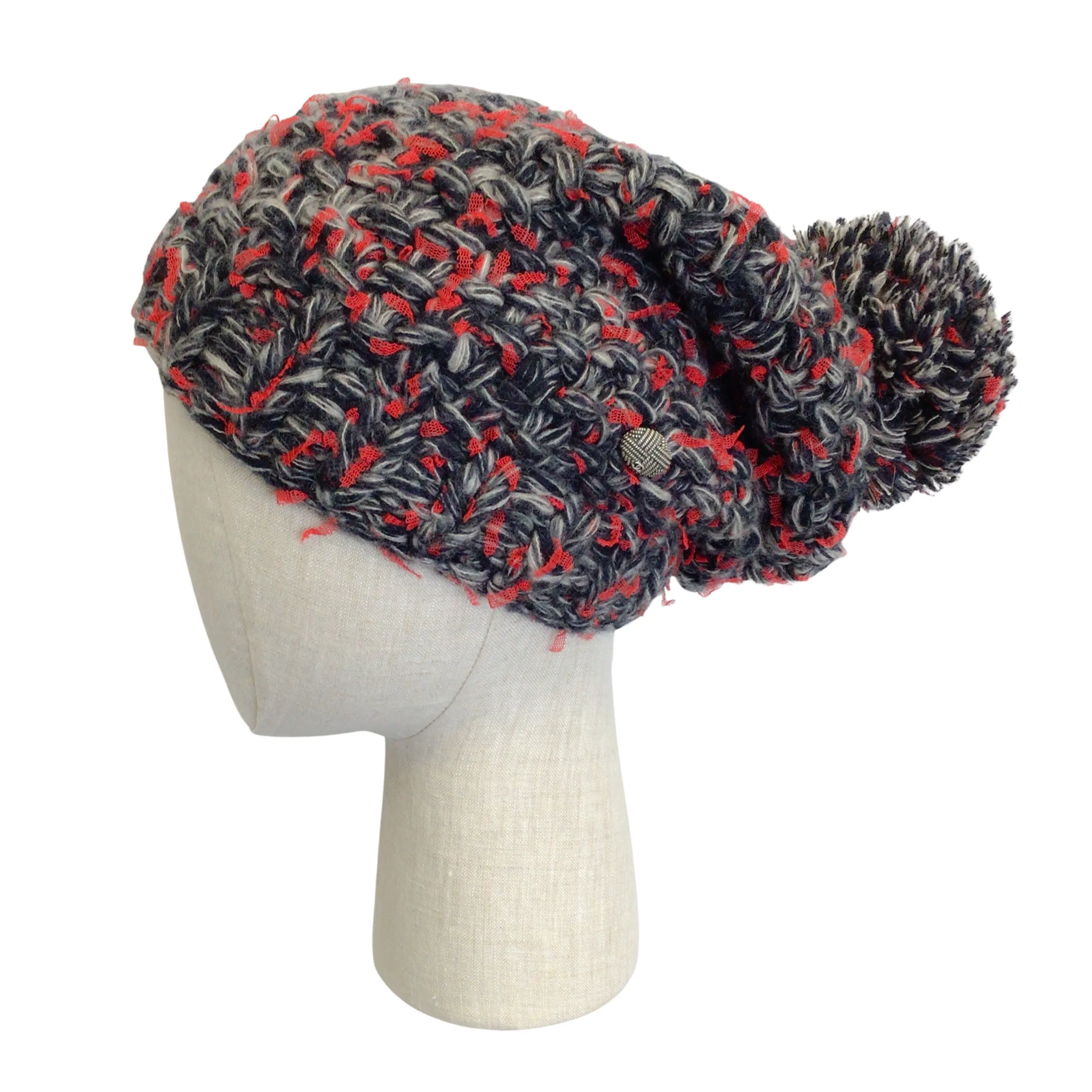 Chanel Red / Grey / Black Woven Cashmere and Silk Chunky Knit Pom Pom Beanie / Hat