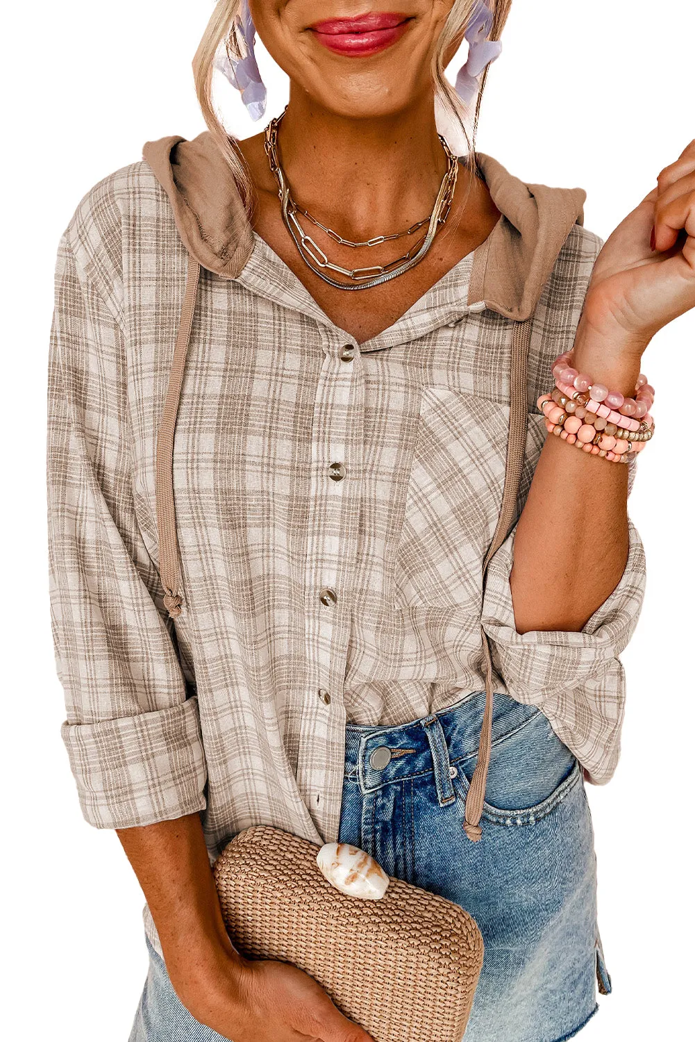 Checker Plaid Buttoned Hooded Shacket