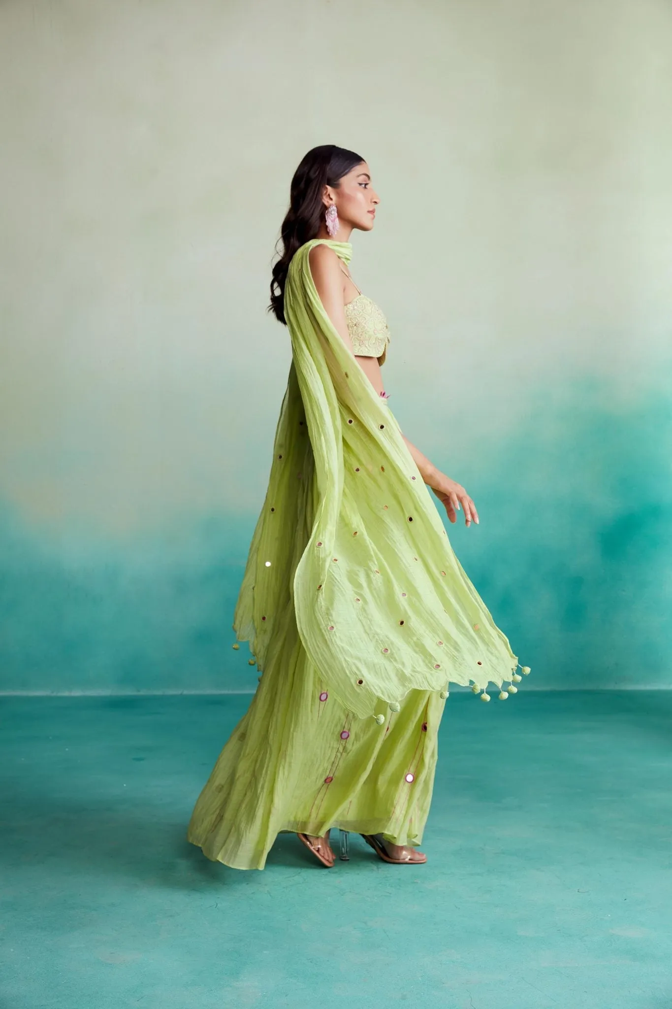 Citrus skirt top set - Lime Hand embroidered Skirt Top & Dupatta set