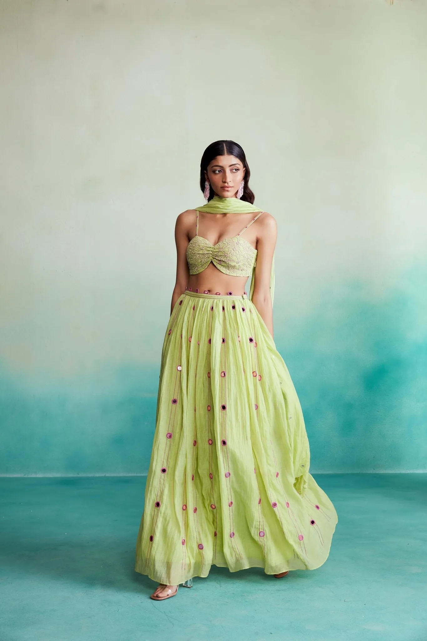 Citrus skirt top set - Lime Hand embroidered Skirt Top & Dupatta set