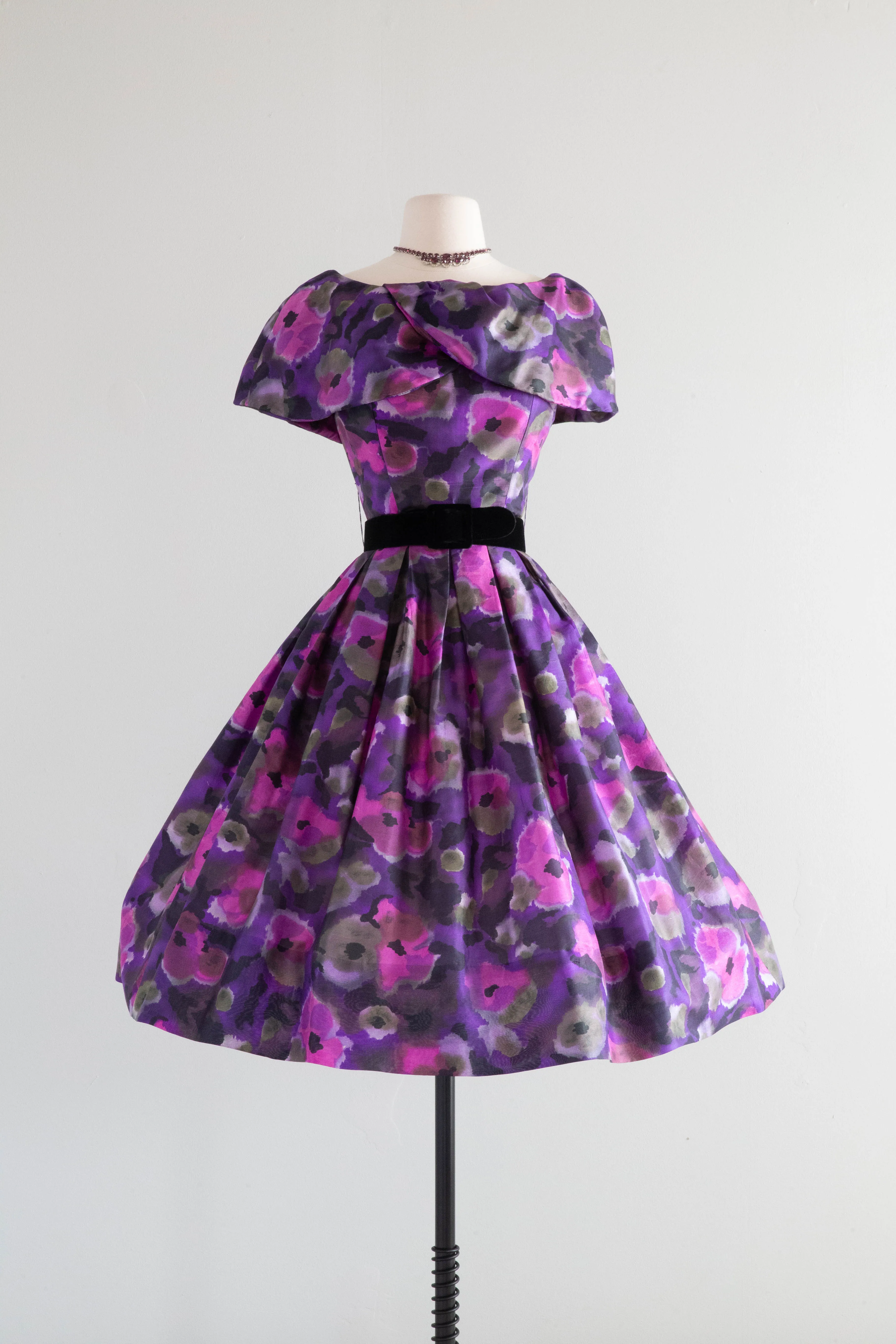 Classic 1950's Purple Floral Garden Silk Party Dress by Gigi Young / Small