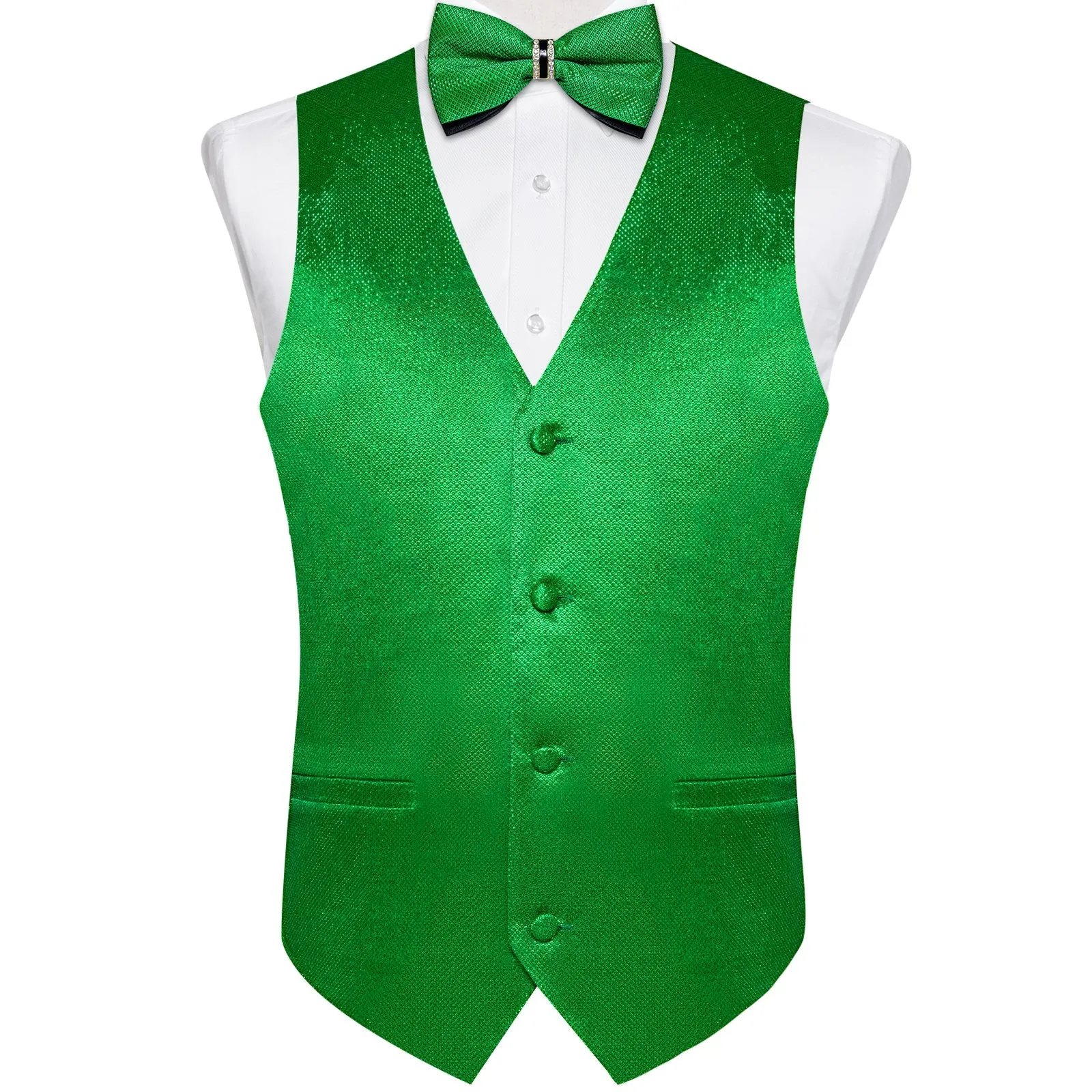 Classic Green Solid Shiny Men's Vest Bowtie Hanky Cufflinks Set Waistcoat Suit Set