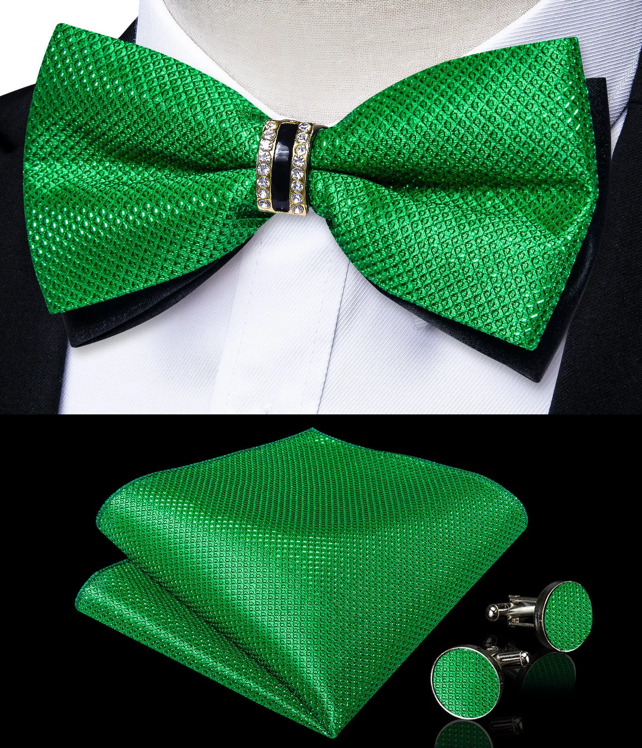 Classic Green Solid Shiny Men's Vest Bowtie Hanky Cufflinks Set Waistcoat Suit Set