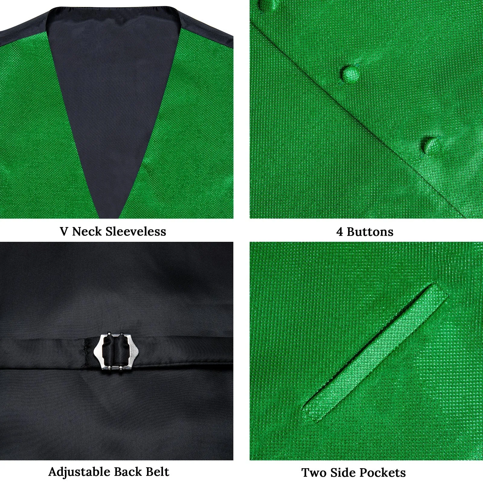 Classic Green Solid Shiny Men's Vest Bowtie Hanky Cufflinks Set Waistcoat Suit Set