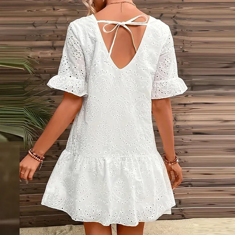 Color Hollow Out O Neck Short Sleeve Lace-up Summer Solid Dress