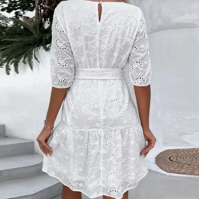 Color Hollow Out O Neck Short Sleeve Lace-up Summer Solid Dress