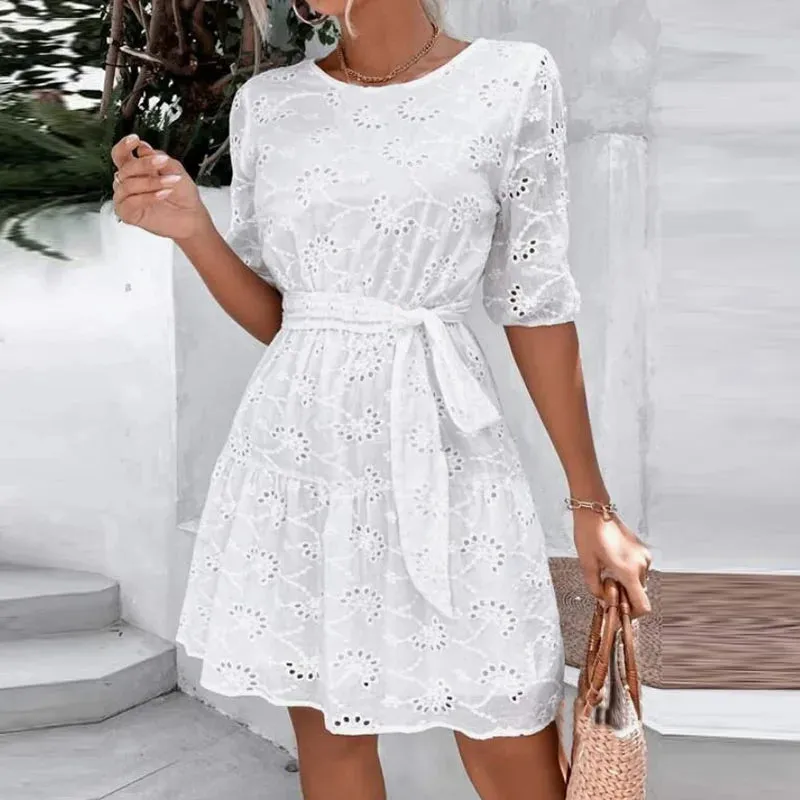 Color Hollow Out O Neck Short Sleeve Lace-up Summer Solid Dress