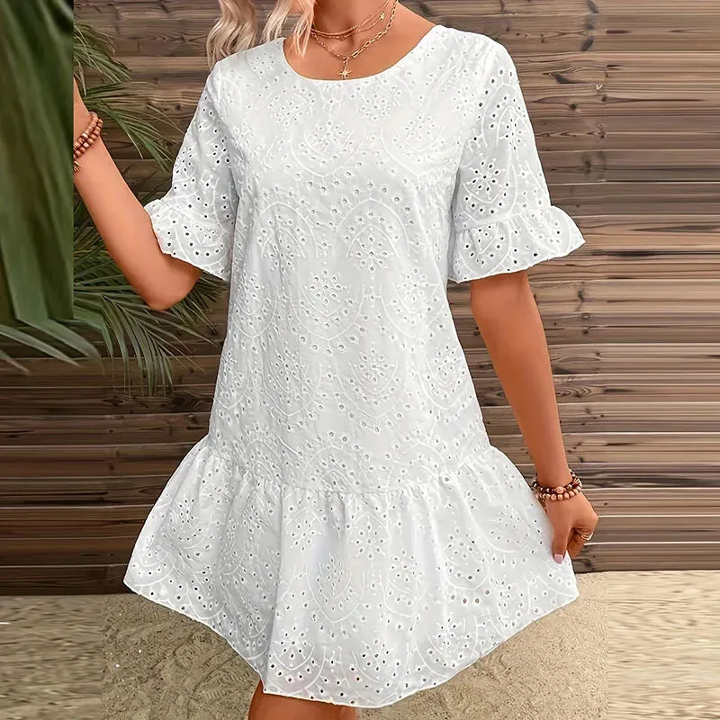 Color Hollow Out O Neck Short Sleeve Lace-up Summer Solid Dress