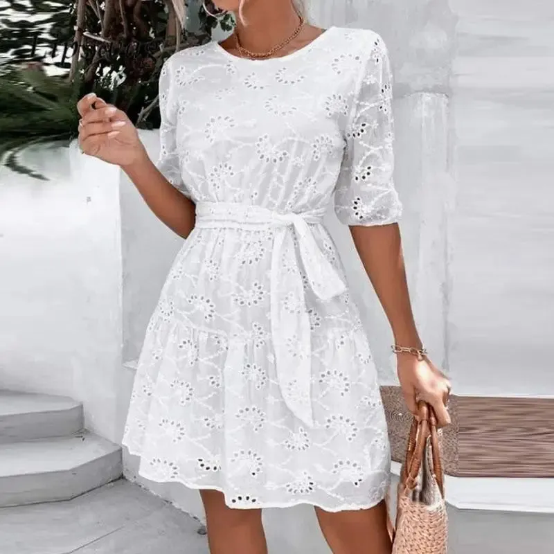 Color Hollow Out O Neck Short Sleeve Lace-up Summer Solid Dress