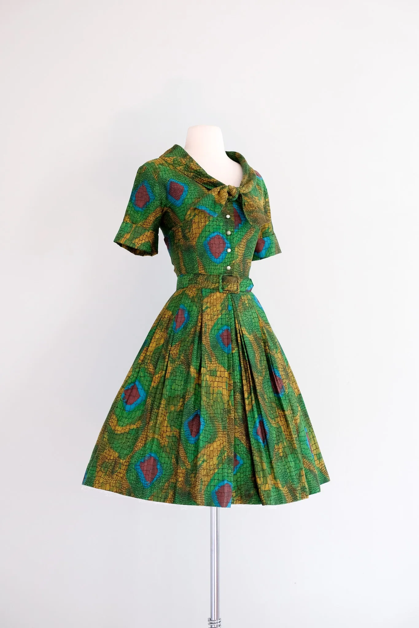 Coolest 1950's Chameleon Novelty Print Cotton Dress / M