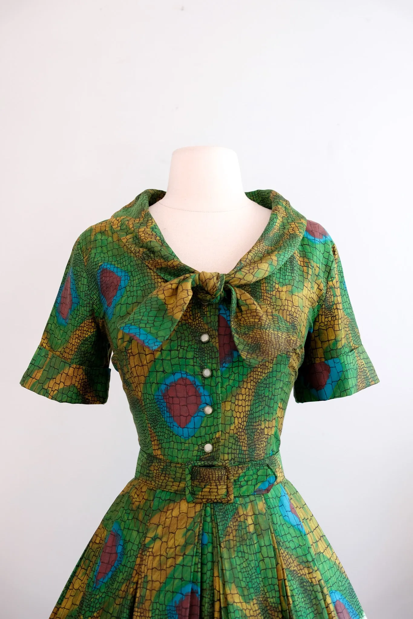 Coolest 1950's Chameleon Novelty Print Cotton Dress / M