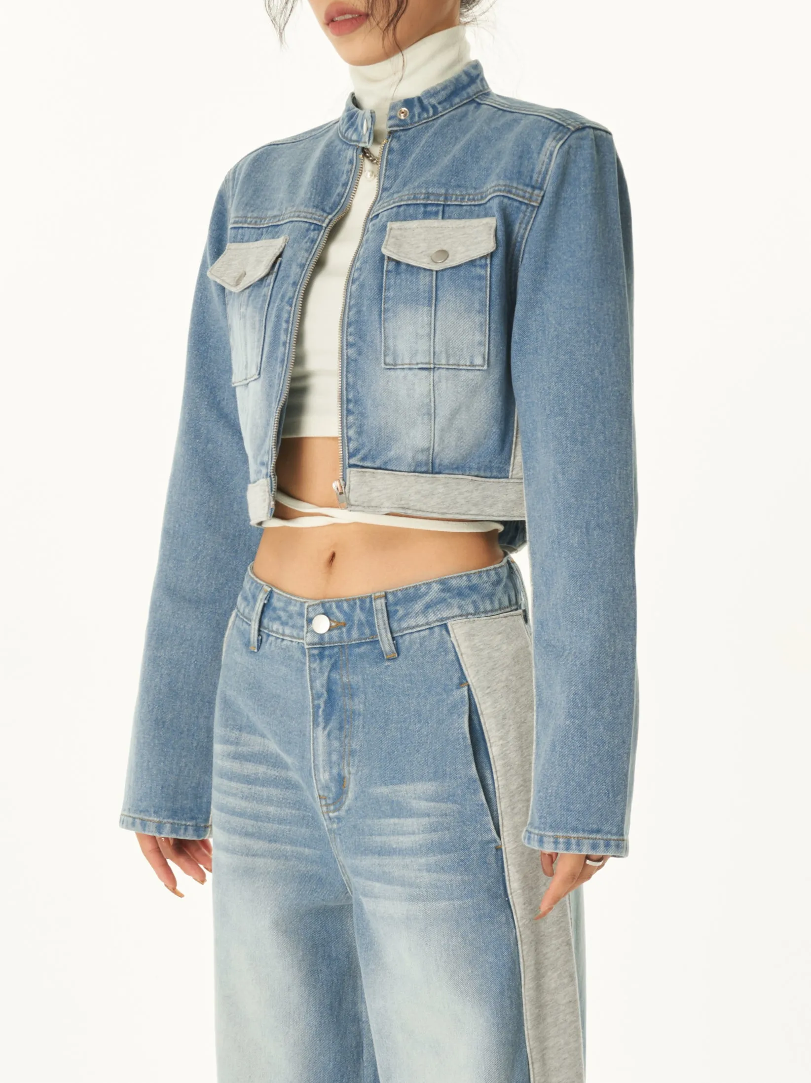 Dallas Patchwork Denim Blue Cropped Jeans Jacket High Waist Straight Leg Denim Jeans Pants Matching Set