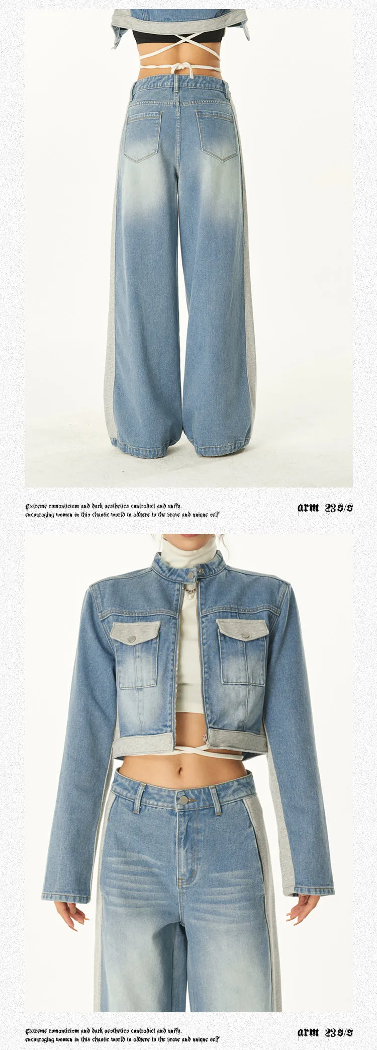 Dallas Patchwork Denim Blue Cropped Jeans Jacket High Waist Straight Leg Denim Jeans Pants Matching Set