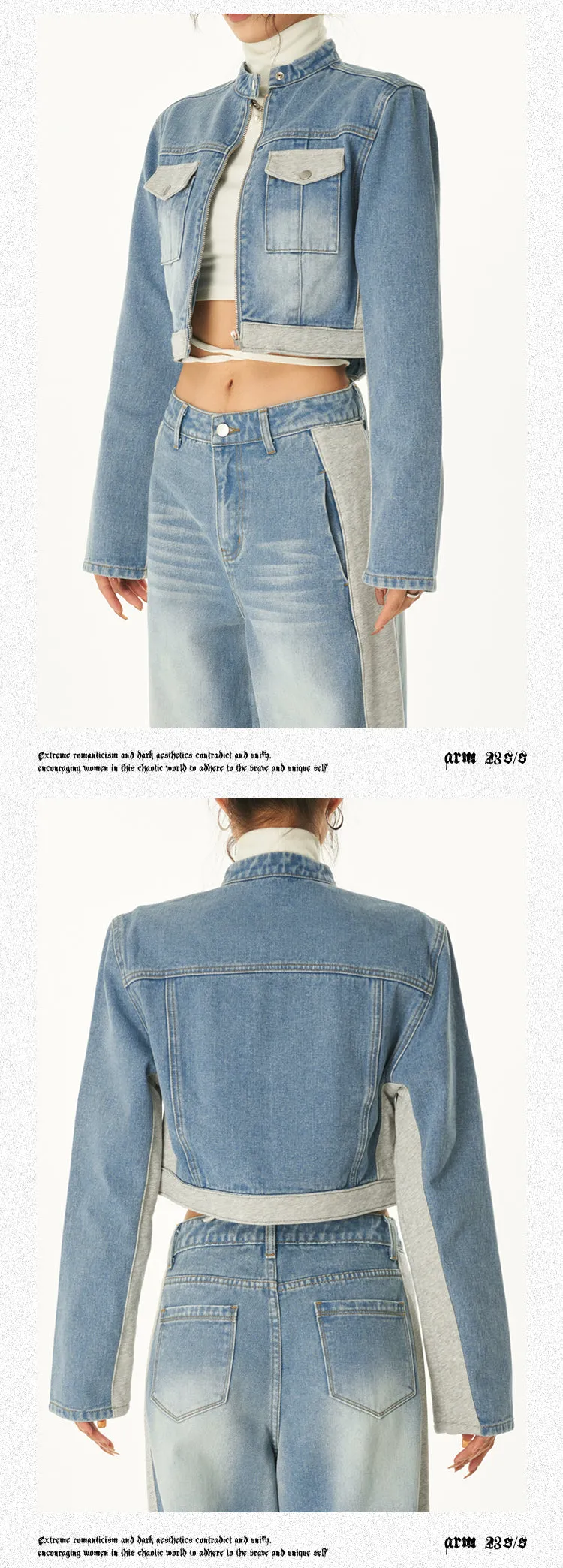 Dallas Patchwork Denim Blue Cropped Jeans Jacket High Waist Straight Leg Denim Jeans Pants Matching Set